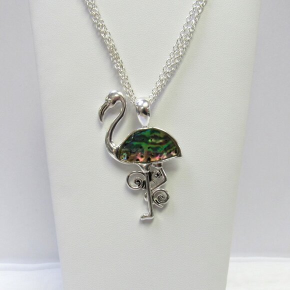 Silver Plated Abalone Shell Flamingo Charm Necklace Pendant - Picture 1 of 6